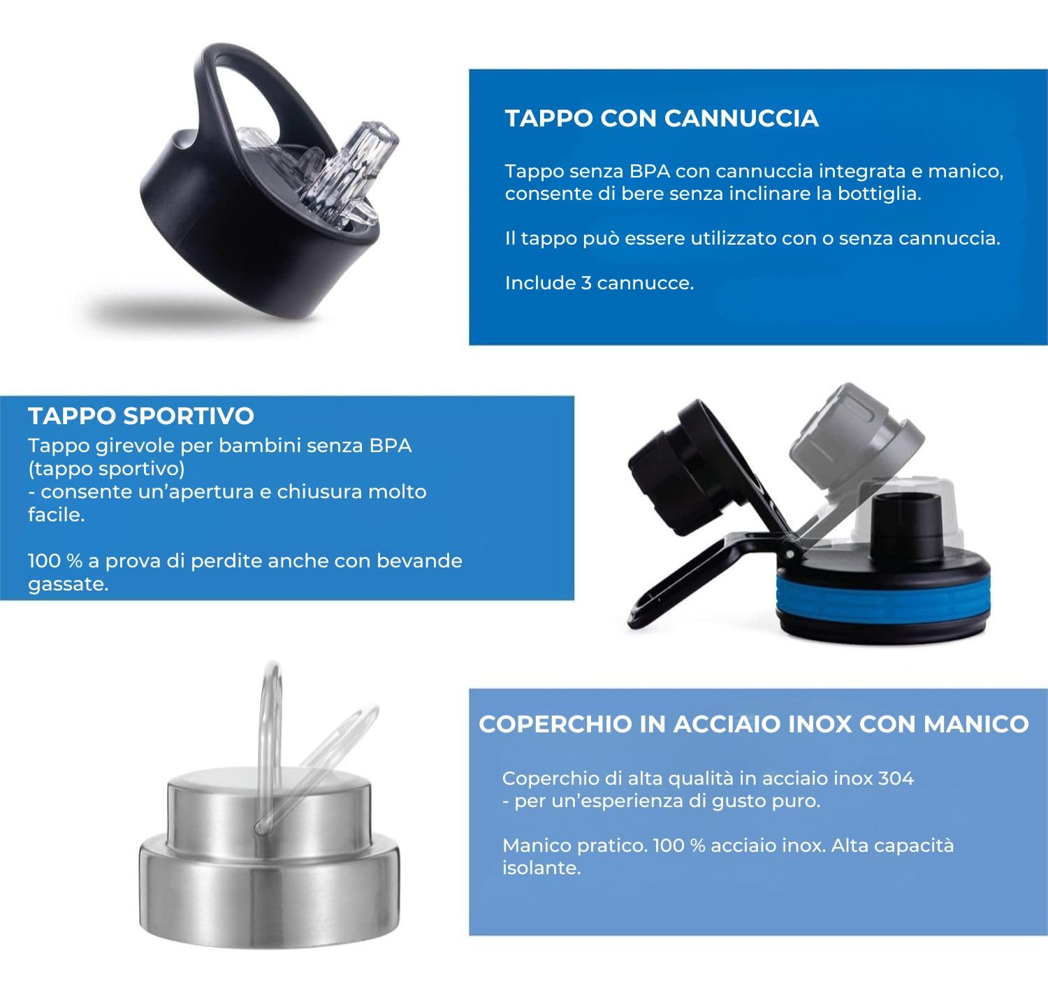 Hydro2Go Borraccia con Cannuccia Acciaio Inox – Termica, Senza BPA per Bambini, Scuola & Sport – 12h Calde / 24h Fredde – 3 Tappi, 530ml (Space)