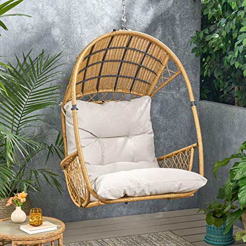 Christopher Knight Home Becky Wicker Hanging Chair With Cushion (Stand Not Included), Light Brown, Brown, Beige #TOP1