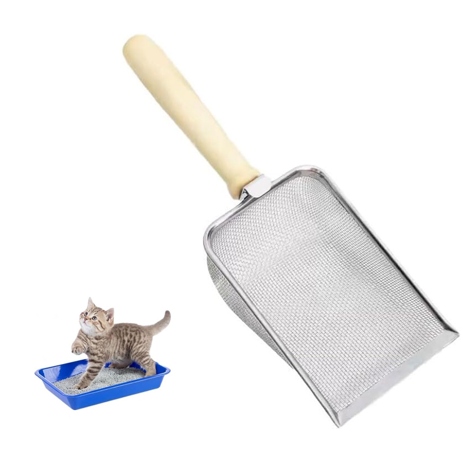 ZHAOYCSH Katzenschaufel Edelstahl für Katzenklo – Metall Katzenstreu Schaufel mit Holzgriff, 5 mm Fein Lochabstand – Hygienische Katzentoilette Schaufel für Katzenstreu | für Katzenklo Reinigung