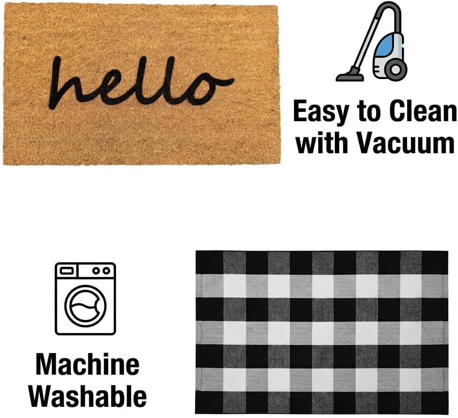 2 Pcs Hello Doormat Set, Thick Coco Coir Door Mat + Black and White Buffalo Plaid Rug, Perfect Size Layered Floor Mat Natural Décor Non-Slip Backing for Front Door Outside Entrance Entryway Porch