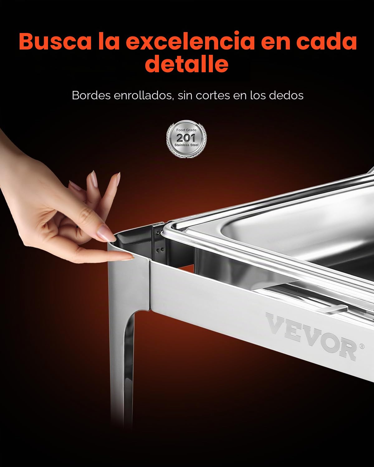 VEVOR Juego de Calentador de Alimentos Acero Inoxidable con Sartenes(8,5 L), Rectangular, Tapa Enrollable y Soporte para Bandeja Agua y Depósito de Combustible, para Bufé, Plata, Gran Capacidad