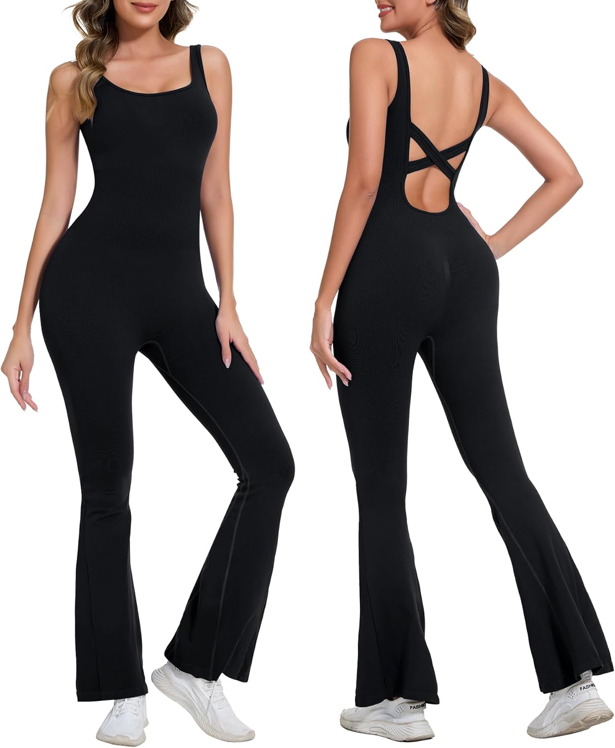 Weygur Jumpsuits for Women One Piece Workout Tummy Control Square Neck Sleeveless Flare Backless Outfits