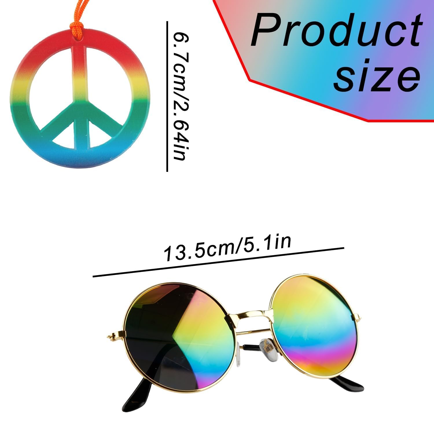 Tabanzhe 3PCS Hippie Costume Set-Sunflower Headband Peace Necklace Circle Hippie Sunglasses Set 60s 70s Fancy Dress Accessories Disco Style Outfit for Men Women - Image 2