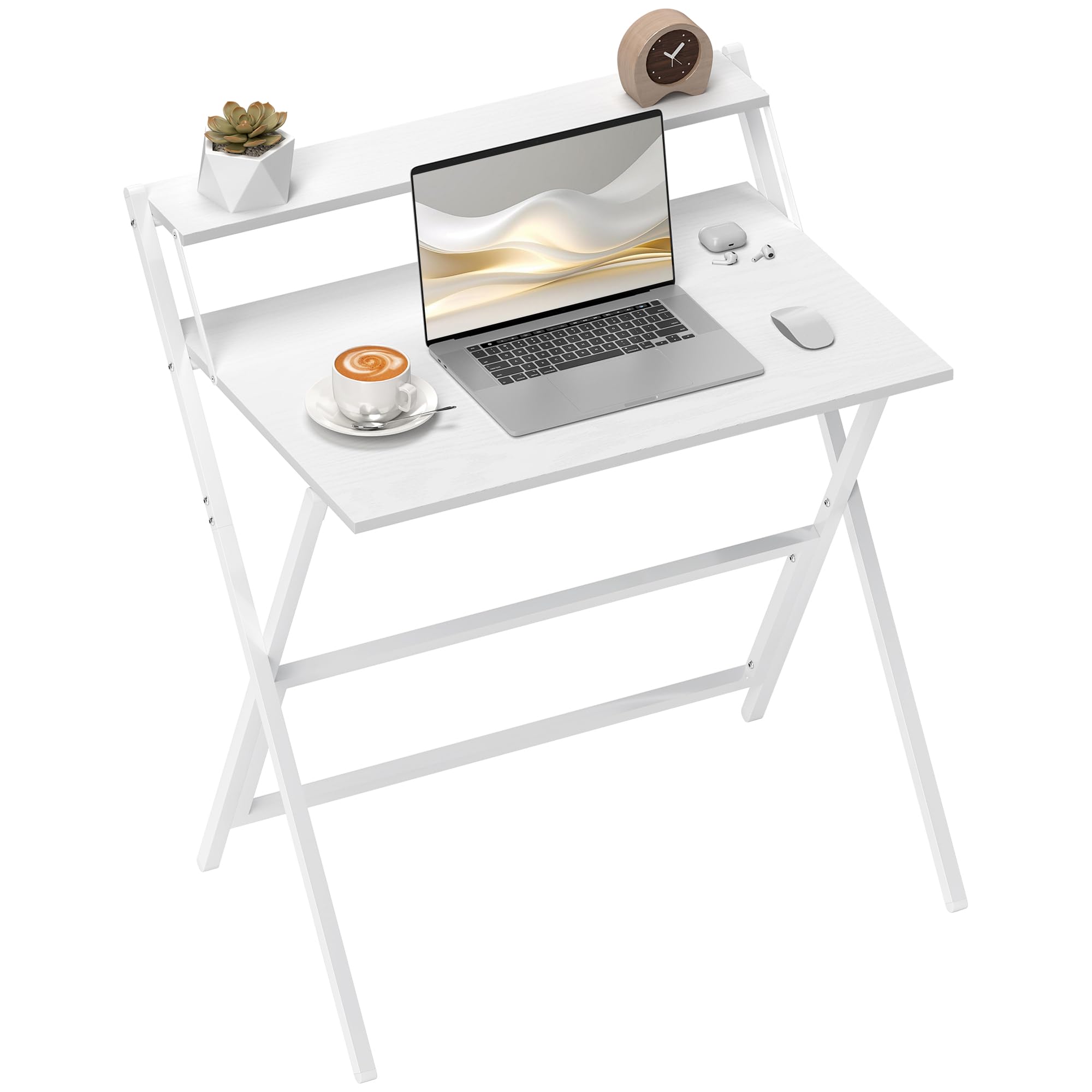 HOMCOM Escritorio Plegable Mesa de Ordenador 75,5 x 50 cm con Estante de Almacenamiento, Escritorio Computadora, Mesa de Escritura para Dormitorio, Pequeños Espacios, Blanco