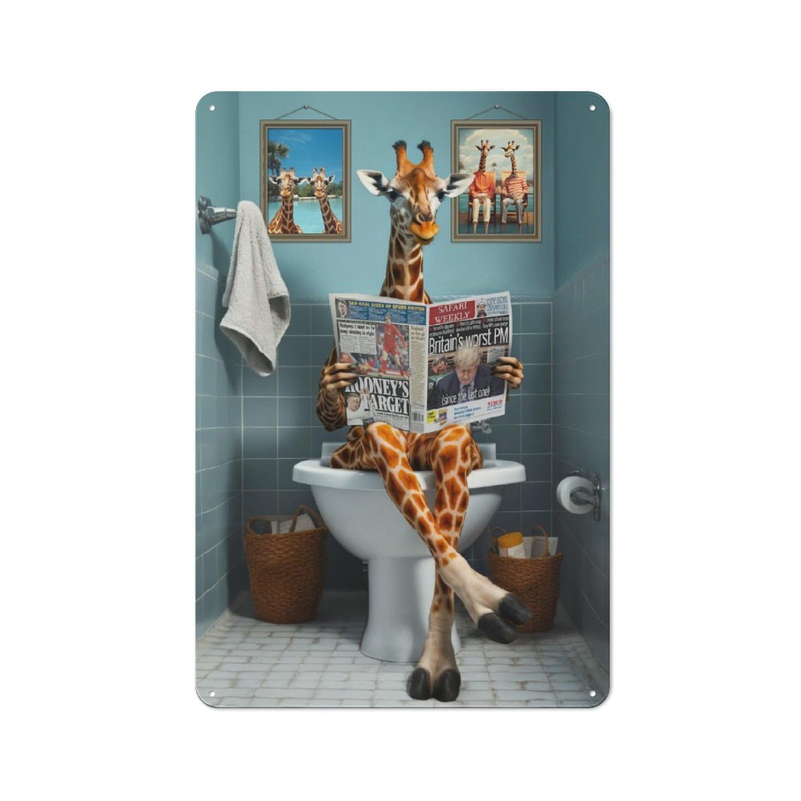 Junmoney Funny Giraffe Using Toilet Rustic Metal Plaque 30X20cm For Guest Room Or Hallway, A Decorative Metal Sign For Guest Rooms And Hallways