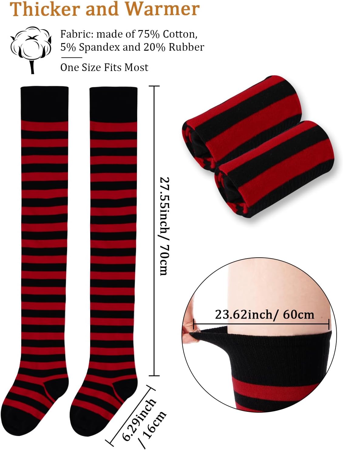 Moon Wood Womens Thigh High Socks Striped Knee High Socks Extra Long Cotton Knit Over the Knee Socks for Halloween - Image 4