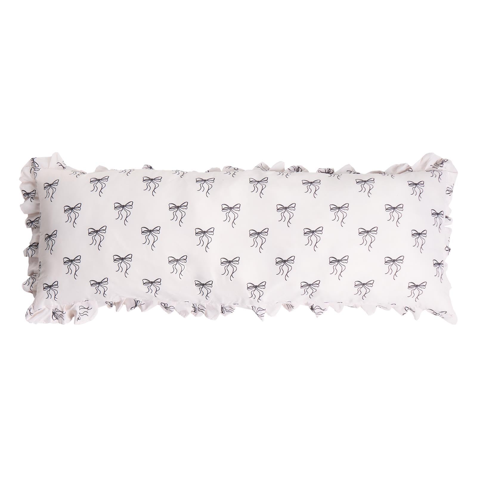 Ohs Women's Bows - Mono Bow Print Bolster Pillow, Full Body Pillow With Frill Edges Cover Soft Hollowfibre Filling Long Pregnancy Pillows For Maternity Support & Side Sleeper Comfy Cuddle Cushion, Monochrome