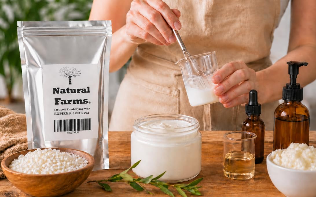 Pastillas de cera emulsionante sin OMG NF – 16 onzas – para cosméticos de bricolaje, jabón, velas, empaquetadas en bolsa termosellada de Mylar Natural Farms