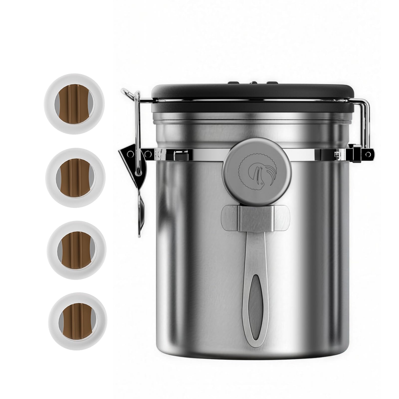 Coffee Gator Contenitore per caffè in acciaio inossidabile 1300 ml, contenitore ermetico con coperchio, indicatore di data, valvola di rilascio di CO2, cucchiaio dosatore