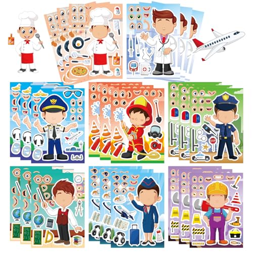 24 hojas de calcomanías para hacer una cara, calcomanías educativas para niños, haz tu propia ocupación, calcomanías de poste con calcomanías de bombero, médico, policía, chef, maestro, recompensa,