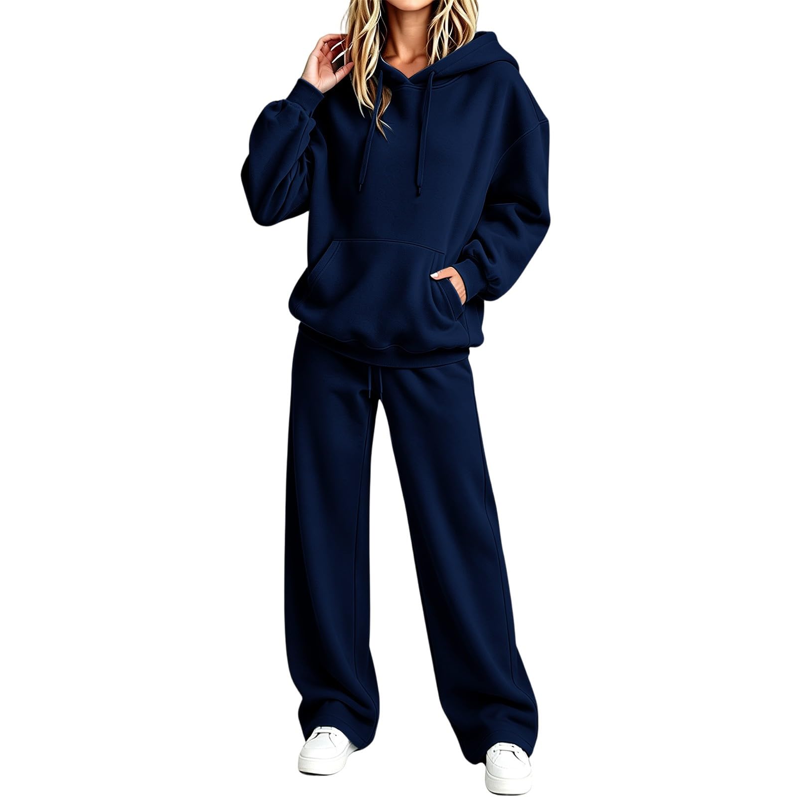 Survêtement 2 pièces élégant pour femme - Survêtement de sport pour femme | Avec poche kangourou, sweat à capuche, jambes larges, pantalon de jogging deux pièces, décontracté, coupe régulière