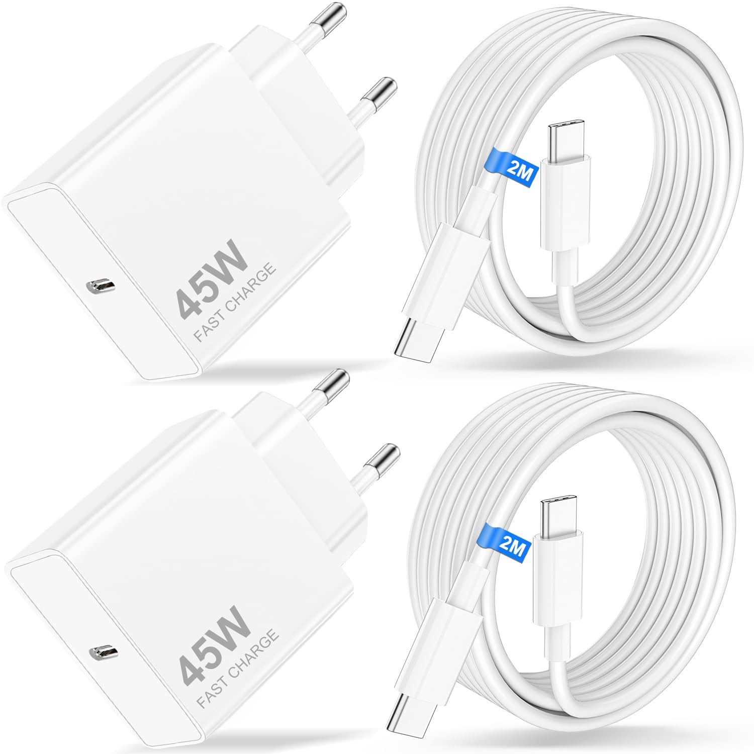 Caricabatterie USB C 45W 2 Pezzi con Cavo 2M, Alimentatore Tipo C PD | Presa Carica Rapida per iPhone 17 Pro Max 16 15, iPad Pro Air, Samsung Galaxy S26 S25 S24 Ultra, Pixel, MacBook Air Type C