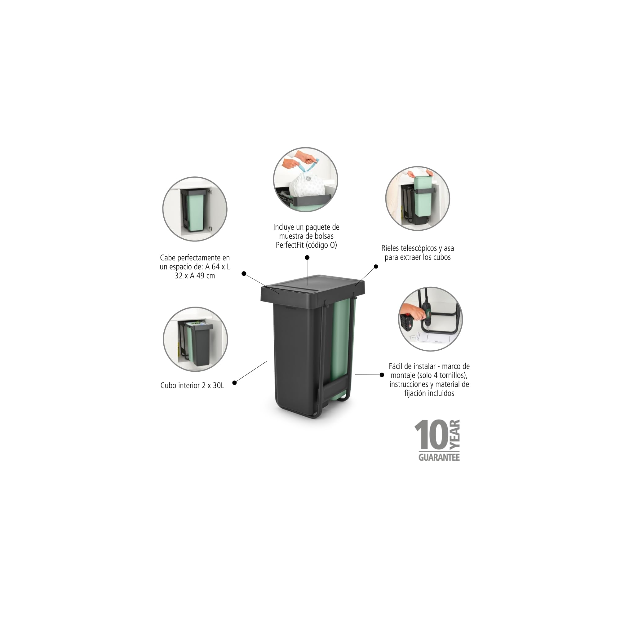 Brabantia Cubo extraíble Sort & Go 2x 30L Cubo empotrable bajo fregadero, interior puertas cocina | Unidad reciclaje residuos doble integrada, rieles lisos, cubos interiores extraíbles | Grey & Green