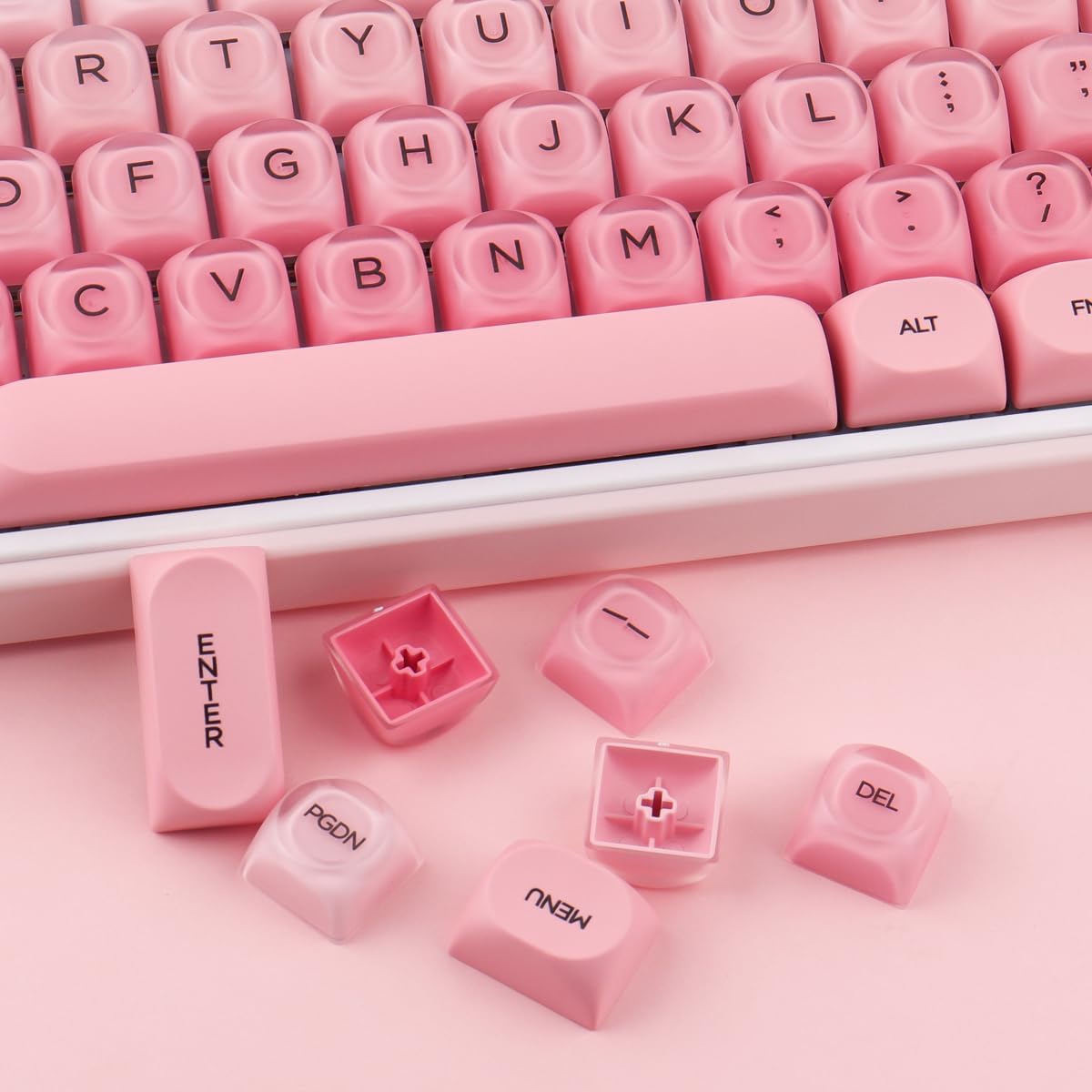 Hyekit PBT Keycaps MOA Profile Liquid Foundation Cute Keycaps 132 Keys Semi-Translucent Matte Crystalsi Keycap Set for Cherry MX Magnetic Switches Mechanical Keyboard (Pink)