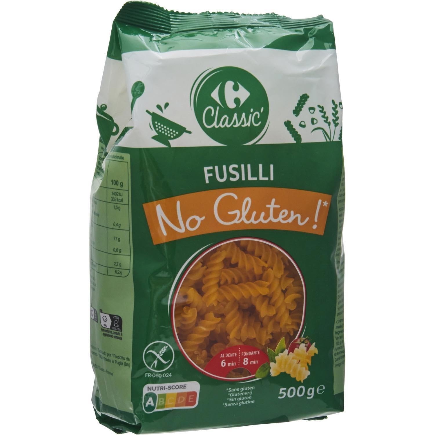 Retrouvez le plaisir des pâtes sans gluten avec CARREFOUR NO GLUTEN ! Fusilli 500g, cuisson al dente en 6 minutes, farine de maïs et de riz - Lot de 4