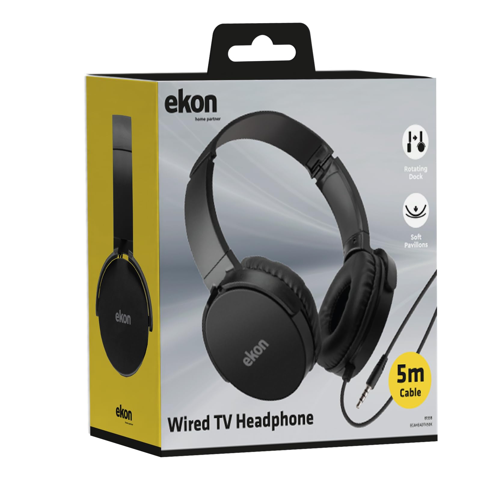 Ekon Auriculares in-Ear con Cable para TV, AUX Jack 3,5 mm, Cable de 5 Metros, Almohadillas Ajustables, Color Negro