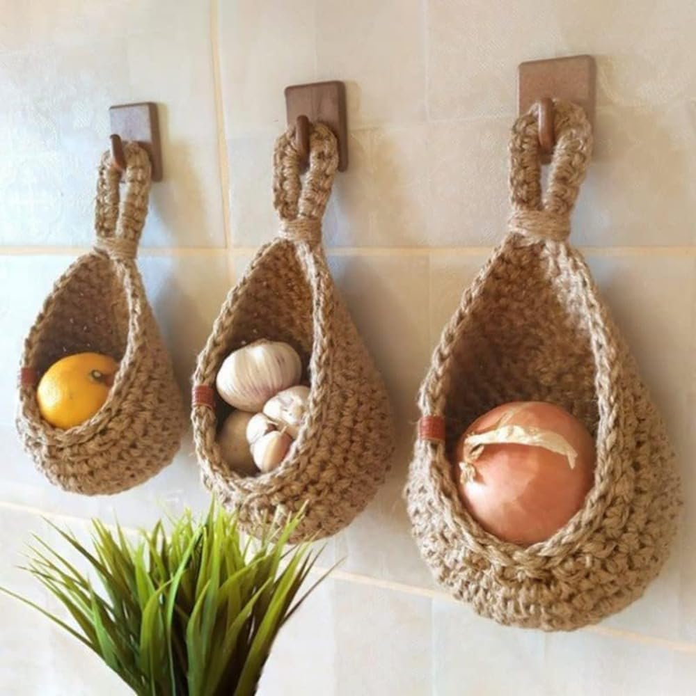 2 点セット ジュート/麻ロープ製壁掛けハンギングバスケット（丸型・ティアドロップ型 ハンドル付き 洗える） キッチン野菜・フルーツ