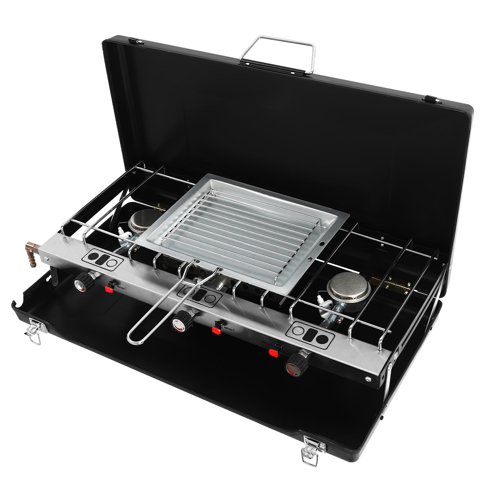Hornillo de camping plegable con 3 quemadores y 4,5 kW de potencia total, hornillo de gas portátil con encendido piezoeléctrico y tapa como protección contra el viento, barbacoa de camping para