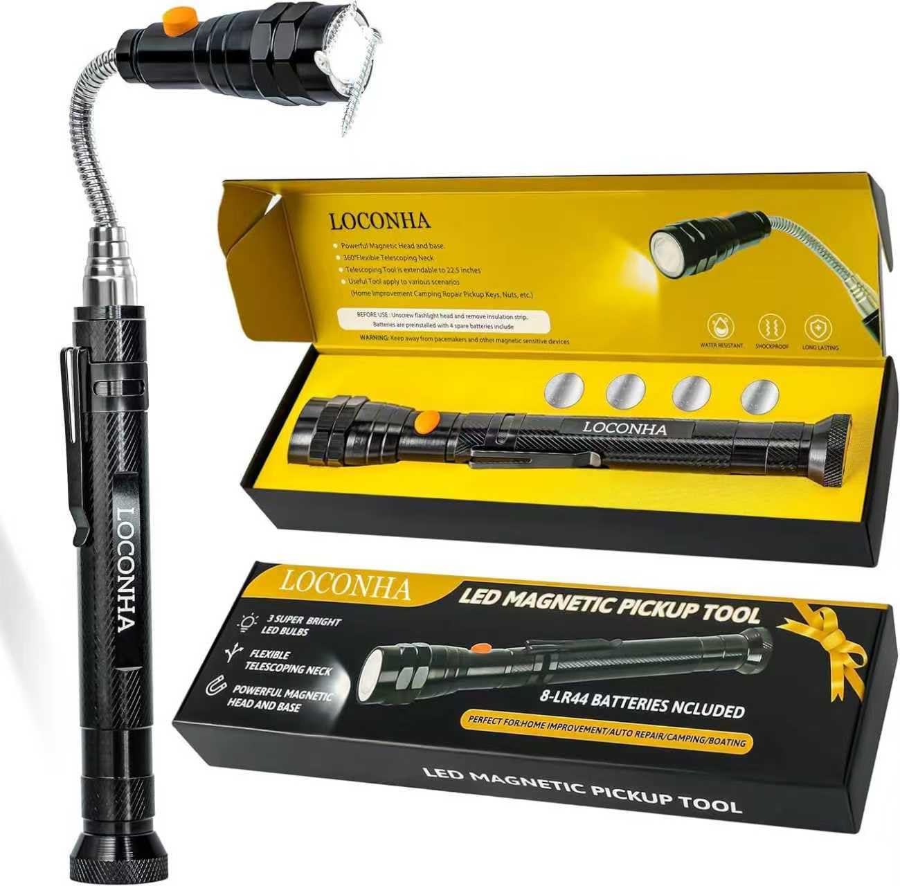 Herramienta de recogida magnética con luces LED, linterna magnética telescópica, regalo de cumpleaños, regalos de Navidad para hombres, manitas, marido, novio, él, padre, papá (paquete de 1)
