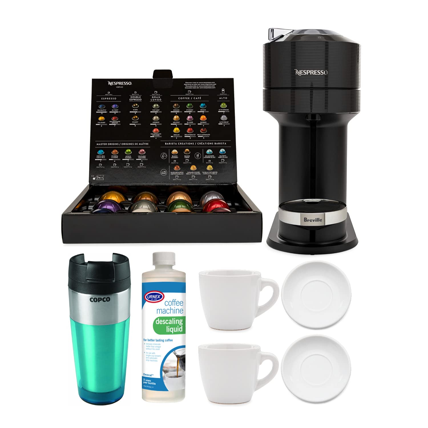Nespresso Vertuo Next Classic Black Coffee and Espresso Machine with 2 Cup and Saucer Sets, Descalin