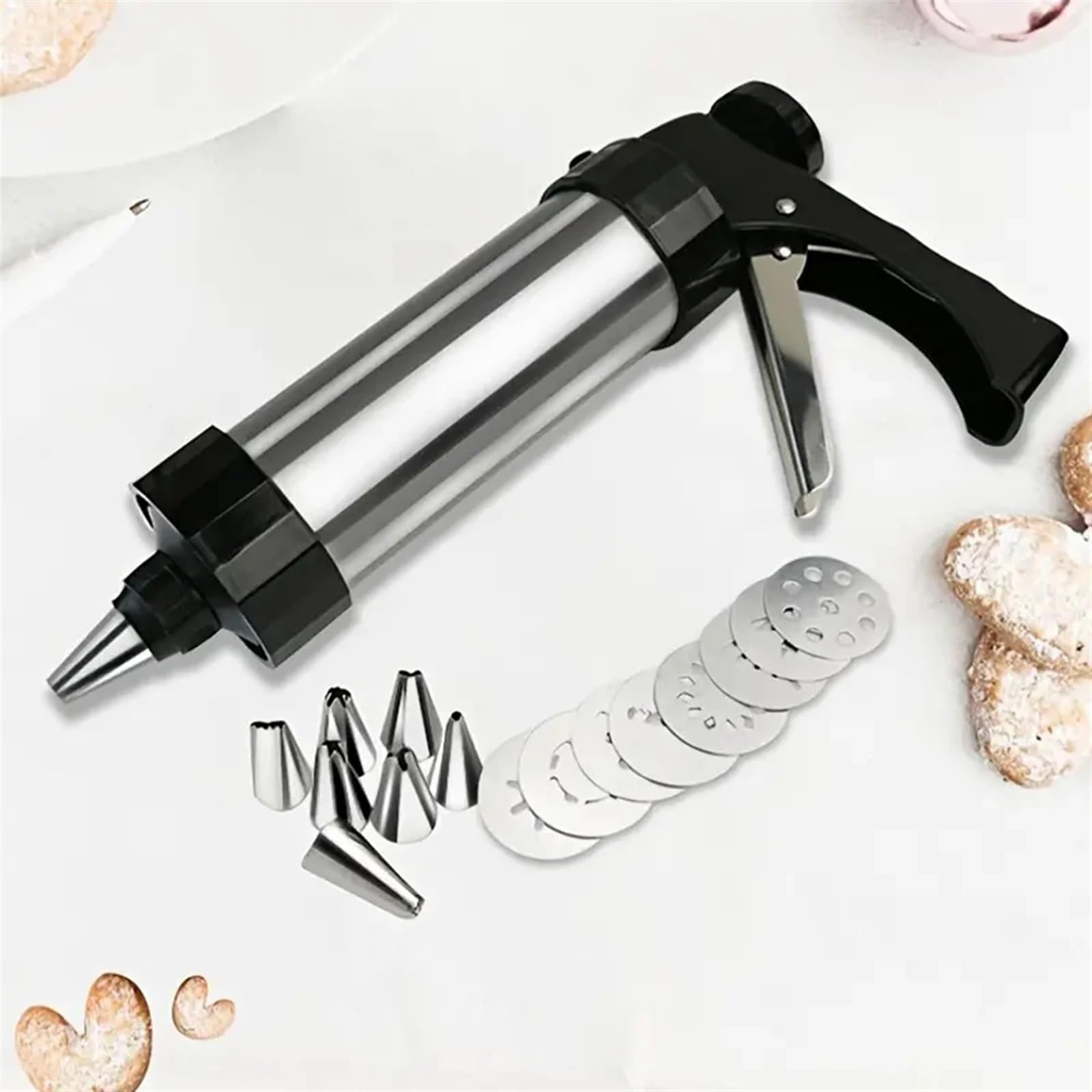 Jeringa Para Pastelería De Acero Inoxidable DIY Manual Cookie Presses Stainless Steel Piping Nozzles Biscuit Make Cake Decoration Tools With 13 Discs And 8 Icing Household Para Tartas, Pasteles
