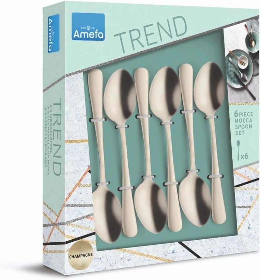 Amefa Austin Espresso Spoons, Set of 6, Stylish Design in Trendy Colour, Stainless Steel with PVD Finish, Satin Champagne, 12 cm, Mini Espresso Spoon, Small Espresso Spoon