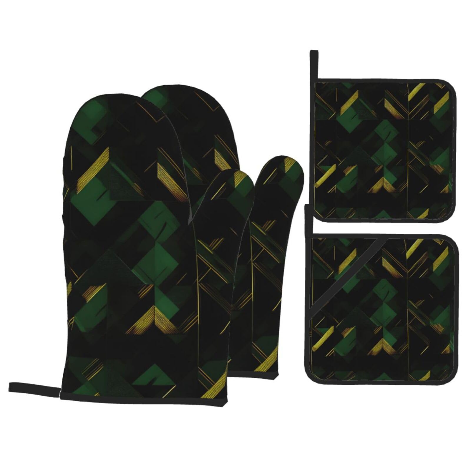 Gants de cuisine imperméables pour four à micro-ondes motif géométrique noir vert doré lot de 4
