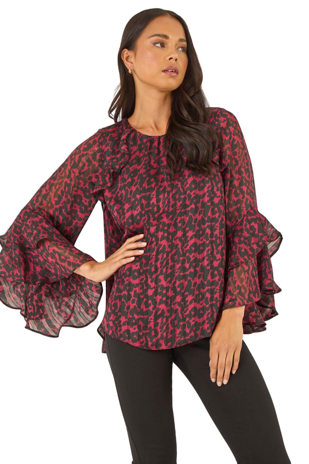 Roman Petite Animal Frill Sleeve Top for Women UK - Ladies Everyday Autumn Winter Round Neckline Comfy Soft Evening Vacation Work Party Night Out - Petite Black - Size 12