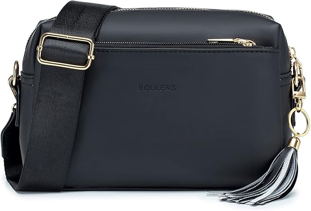 Roulens Small Crossbody Bag with 3 Zip Compartments,Vegan Leather Phone Bag for Women,Shoulder Bag with Adjustable and Removable Wide Strap