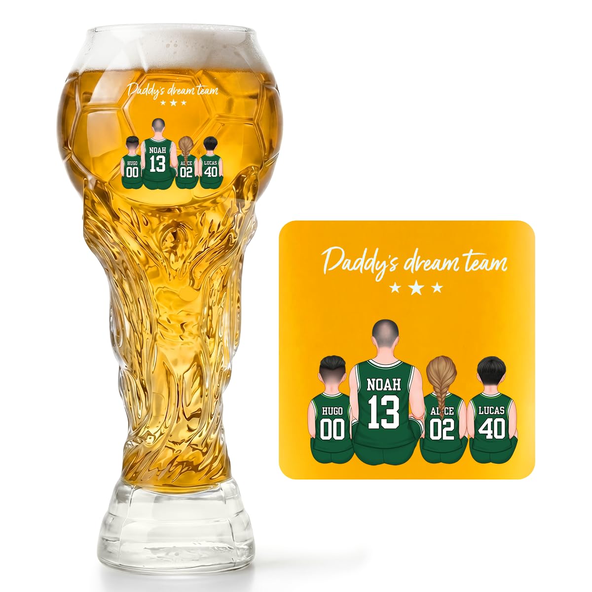 Personal Chic Personalised Football Beer Glass - Daddy's Dream Team - World Cup Glass 2026, Football Trophy, Dad Pint Glass, Trophy Pint Glass, World Cup Beer Glass (3 Kids)