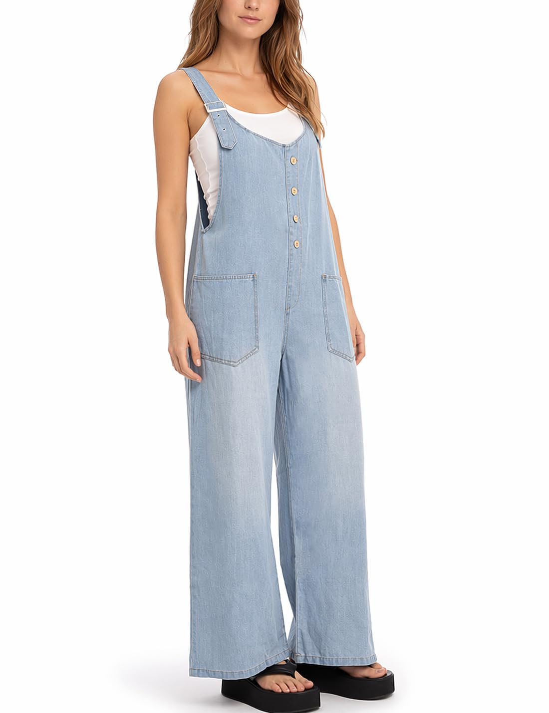 Salopette décontractée en jean pour femme avec bretelles réglables, boutonnière et pantalon sarouel