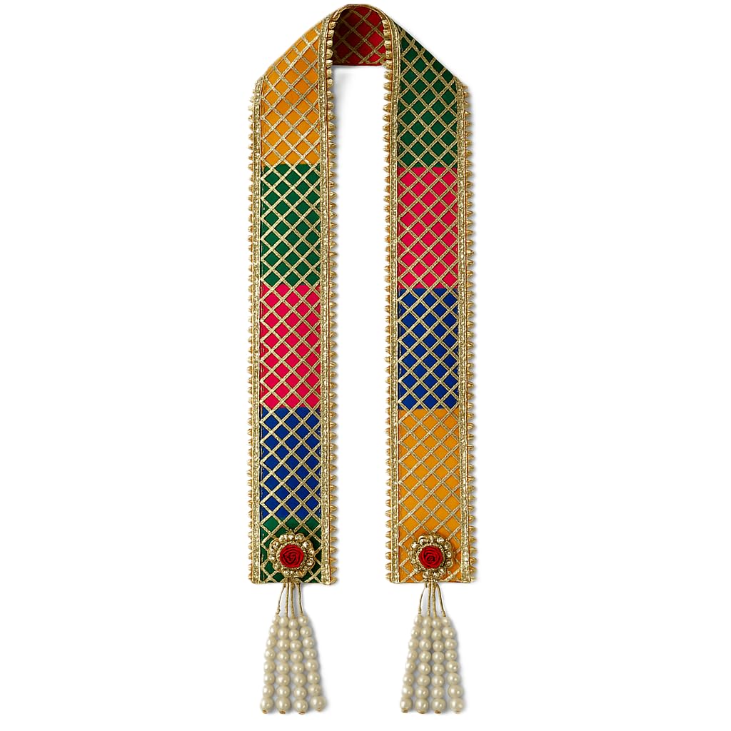 vrindavanstore.in Multicolour Wedding Patka | 27 Inch Rajasthani Dupatta Stole for Groom’s Family, Baraat & Haldi Ceremony | Premium Kundan Gold Embroidery Floral Latkan Pearl Tassels Pack of 24-picture-31