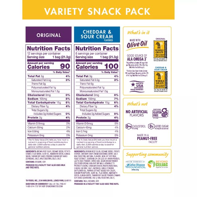 Variety Snack Pack, Multi-Pack Crackers, 18 Count |No artificial flavor, Gluten free, Whole grain | Original Crisps, 12 ct., and Cheddar & Sour Cream, 6 ct.. (1 Pack)