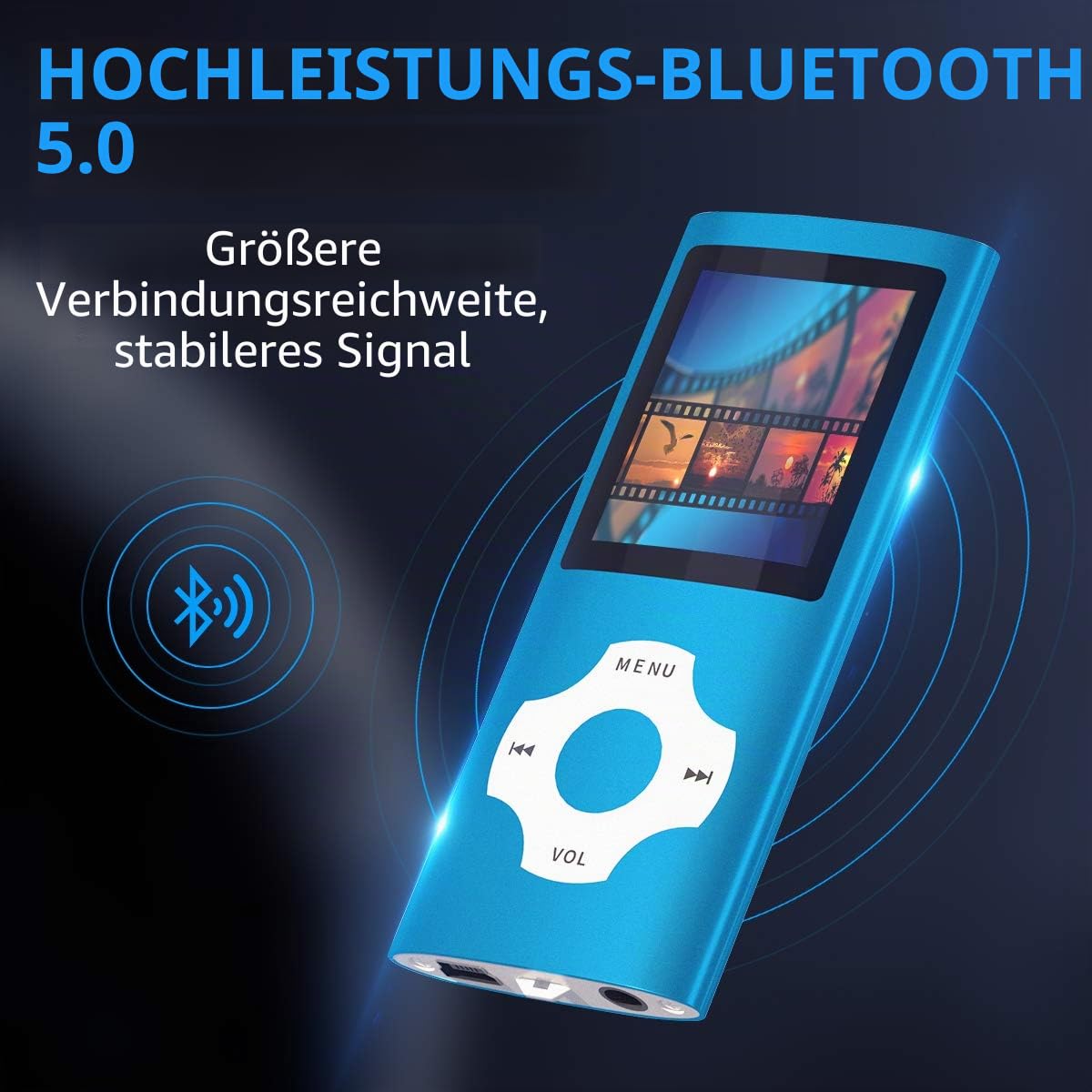 MYMAHDI Bluetooth 5.0 MP3/MP4-Player mit 32 GB Speicherkarte, 1,8 Zoll LCD-Bildschirm, unterstützt bis zu 128 GB, Video/Sprachaufnahme/FM-Radio/E-Book-Reader/Fotobetrachter, Dunkelblau
