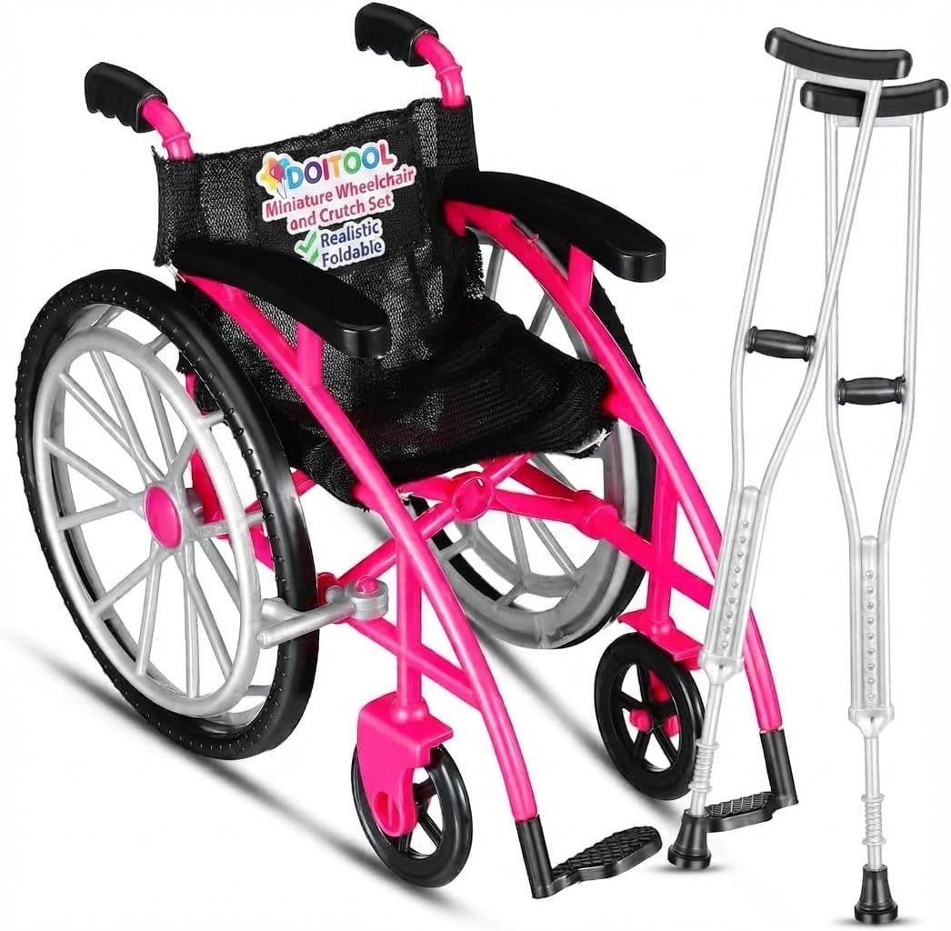 Doll Wheelchair and Miniature Crutches Set - 1/12 Scale Folding Mini Wheelchair for Dollhouse Furniture & DIY Scene Decor - Fits 6 to 12 Inch BJD Fashion Doll Accessories