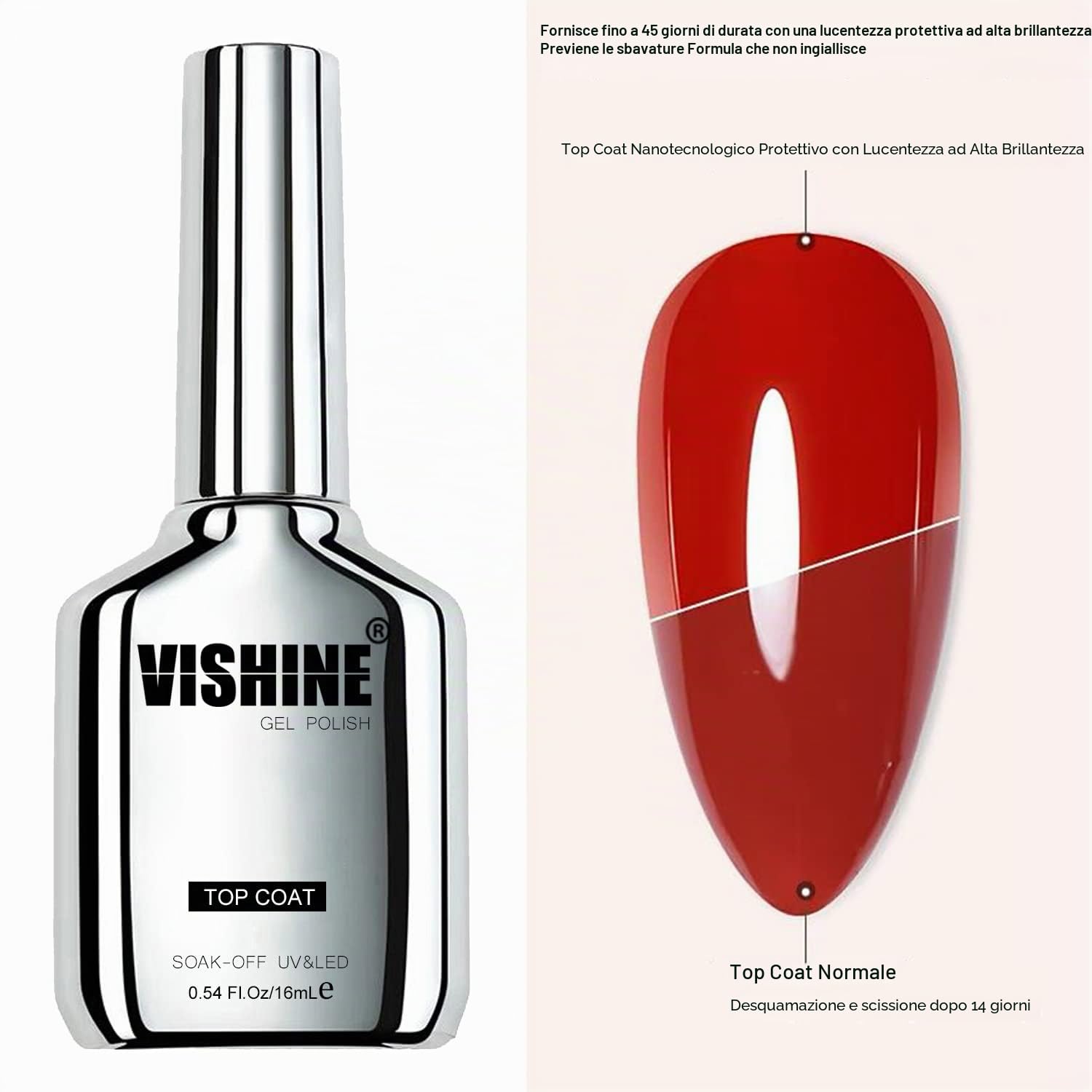 Vishine Smalto gel semipermanente ultra lucido, finitura lucida, 2 x 16 ml, top coat no wipe