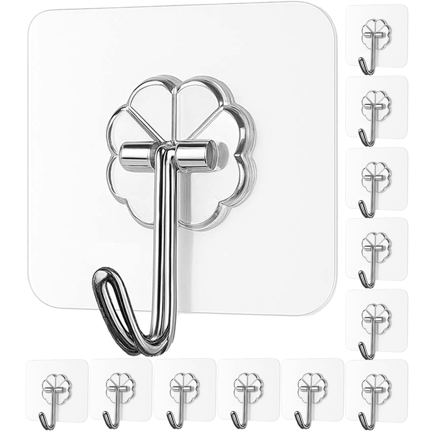 Waterproof Stick on Adhesive Stronger Plastic Wall Hooks Hangers for Hanging Robe, Coat, Towel, Keys, Bags, Lights, Calendars, Max Load 10kg (Transparent Hooks) (10, Transparent)-image-22
