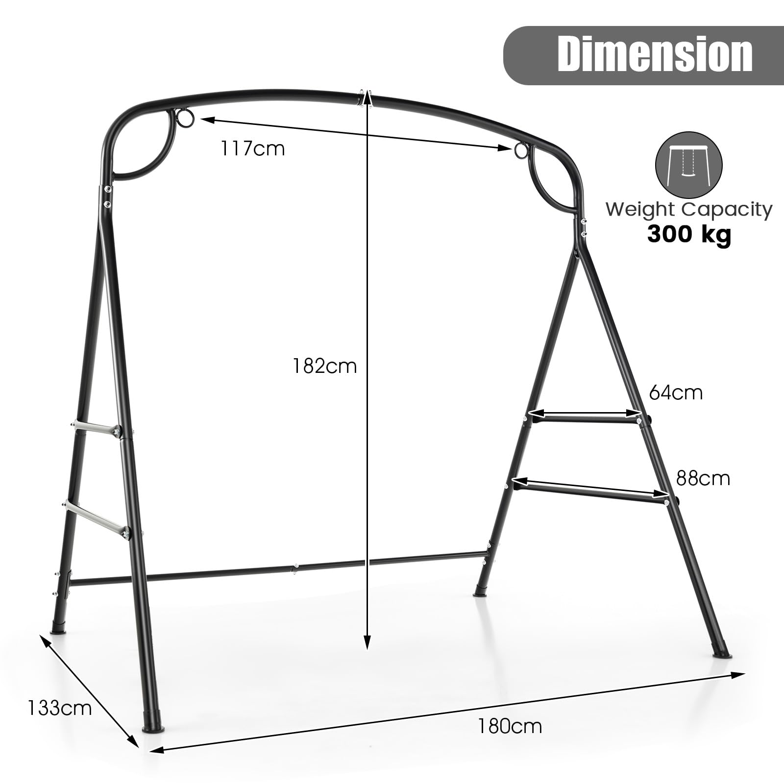 KOMFOTTEU Soporte para Columpio de Metal, Marco para Balancín de Jardín en Forma A, Estructura para Banco Colgante con Carga de 300 kg, Marco con 2 Anillos para Balcón, Porche, 180 x 133 x 182 cm