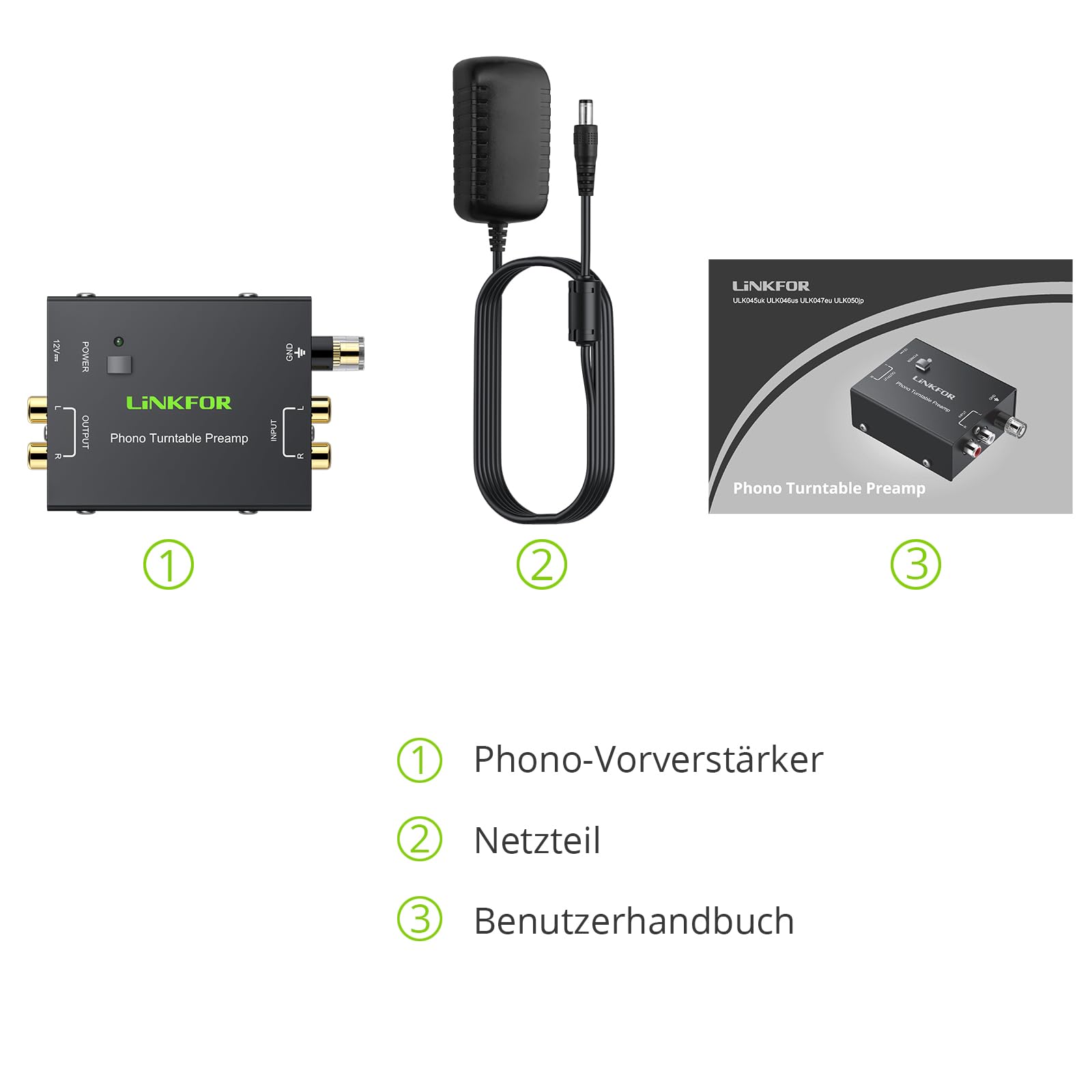 LiNKFOR Vorverstärker für Phono Plattenspieler PP900 Ultrakompakter Phono-Vorverstärker mit Cinch Eingang, Cinch Ausgang und geräuscharmem Betrieb, inklusive Netzteil