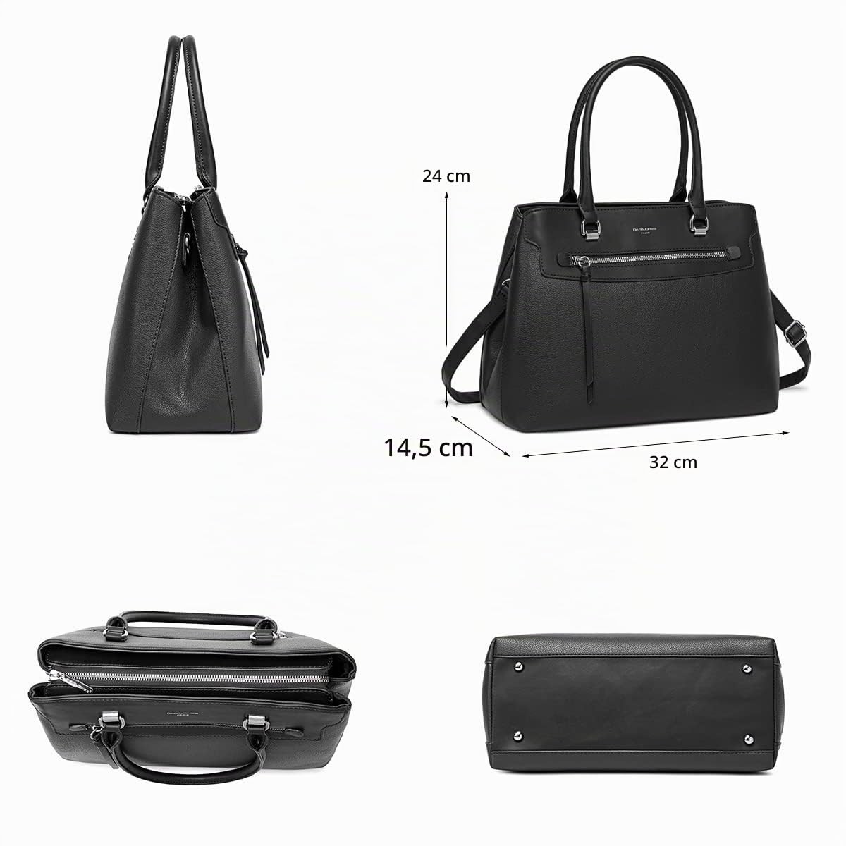 David Jones - Borsa a Mano Donna Elegante - Borsa a Spalla Simil Pelle PU - Borsa a Tracolla Tote Shopper Bag - Moda Città Signora Tendenza - Nero