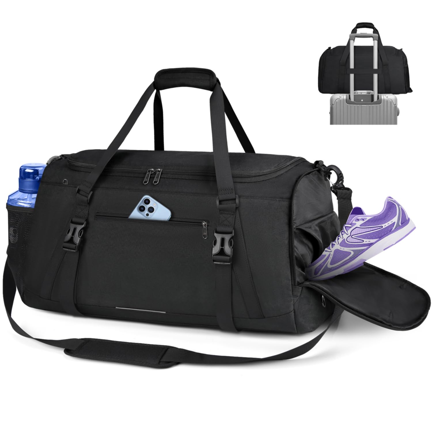 Dakuly Sporttas voor heren en dames, grote reistas, 40 liter, met schoenenvak, nat vak, weekendtas, zwemtas, gymtas, trainingstas voor mannen, zwart