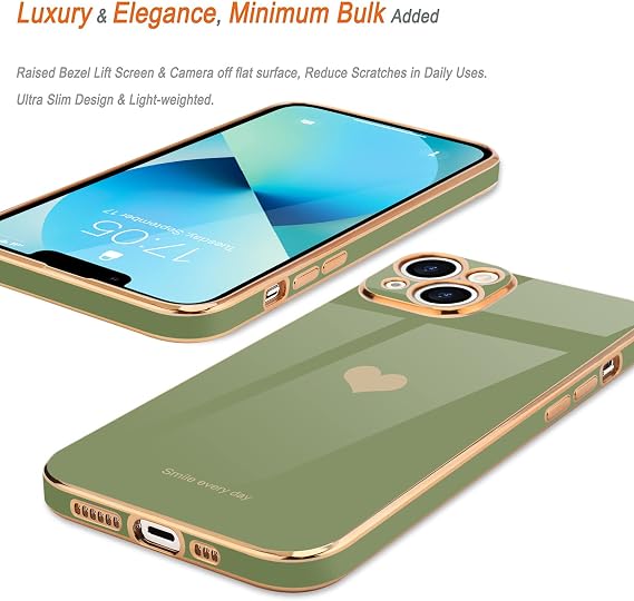 Teageo Lovely Case for iPhone 13, Cute Heart Back, Green | Luxury Bling Plating, Soft TPU, Anti-Scratch Shockproof Bumper, for Women Girls, Lovely Heart Pattern