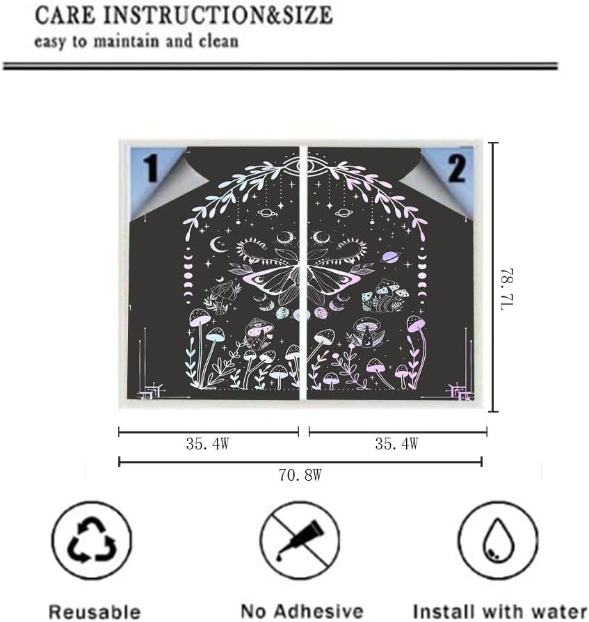 Vintage Gothic Butterfly Mushroom Window Privacy Film,Abstract Forest Galaxy Planet Star Print Stained Glass Window Film Decor Window Cling for Home Window Sun Blocking-35.4W x78.7L in x2Pcs