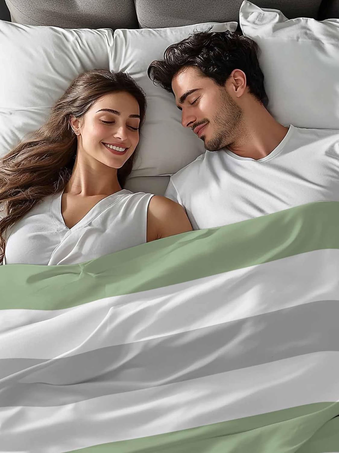 Top Sheet Full Bedding Flat Sheet Only, Sage Green and Grey Stripe Microfiber Bed Sheets Soft Breathable Bedding Flat Sheets, Minimalist Line on White Hotel Luxury Top Sheets