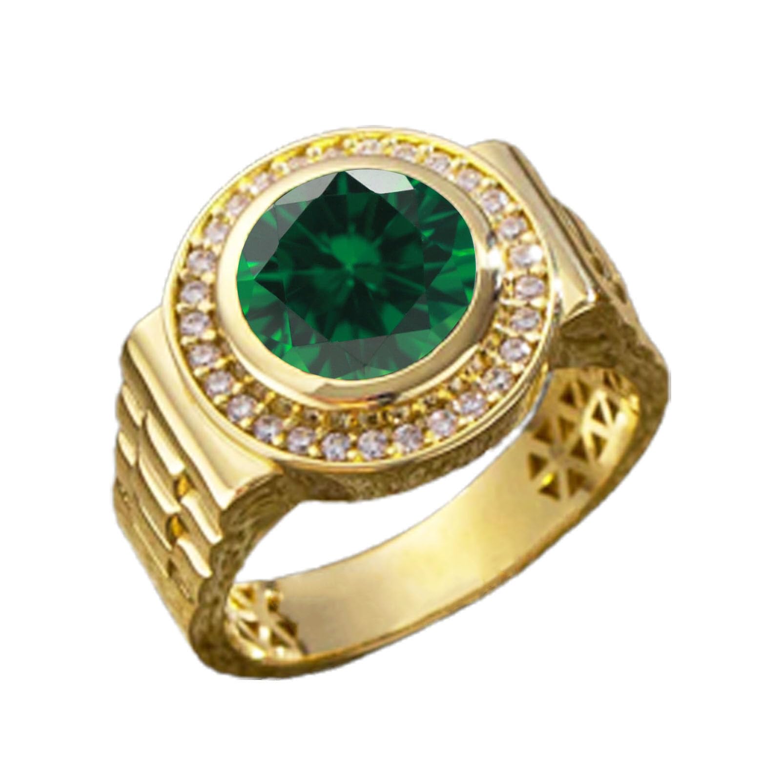 10K 14K 18K Solid Real Gold Ring for Men Brilliant Halo 2CT Emerald Men's Ring Customized Green Gemstone Band Ring for Men Boyfriend Husband Engagement Wedding Anniversary Size 4 to 16