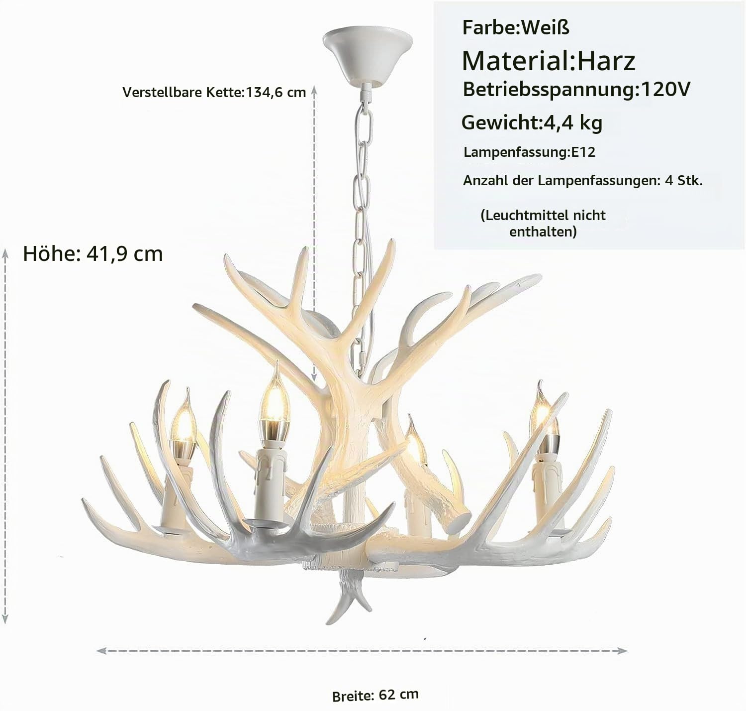 Pendellampe Vintage E14 Weiß Geweih Kronleuchter Industrielle Metall Beleuchtung Retro Esszimmer PendelleuchteRustikale Harz Geweih Hängelampe Höhenverstellbar Für innen Bar Cafe Shop Deckenleuchte
