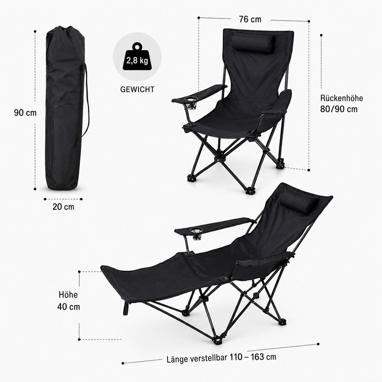 Verstellbarer Campingstuhl mit Fußablage Campingstuhl faltbar bis 130 kg | Outdoor Relaxsessel mit Hoher Rückenlehne, Getränkehalter & Tragetasche - Faltbarer Campingstuhl mit Beinauflage für Camping