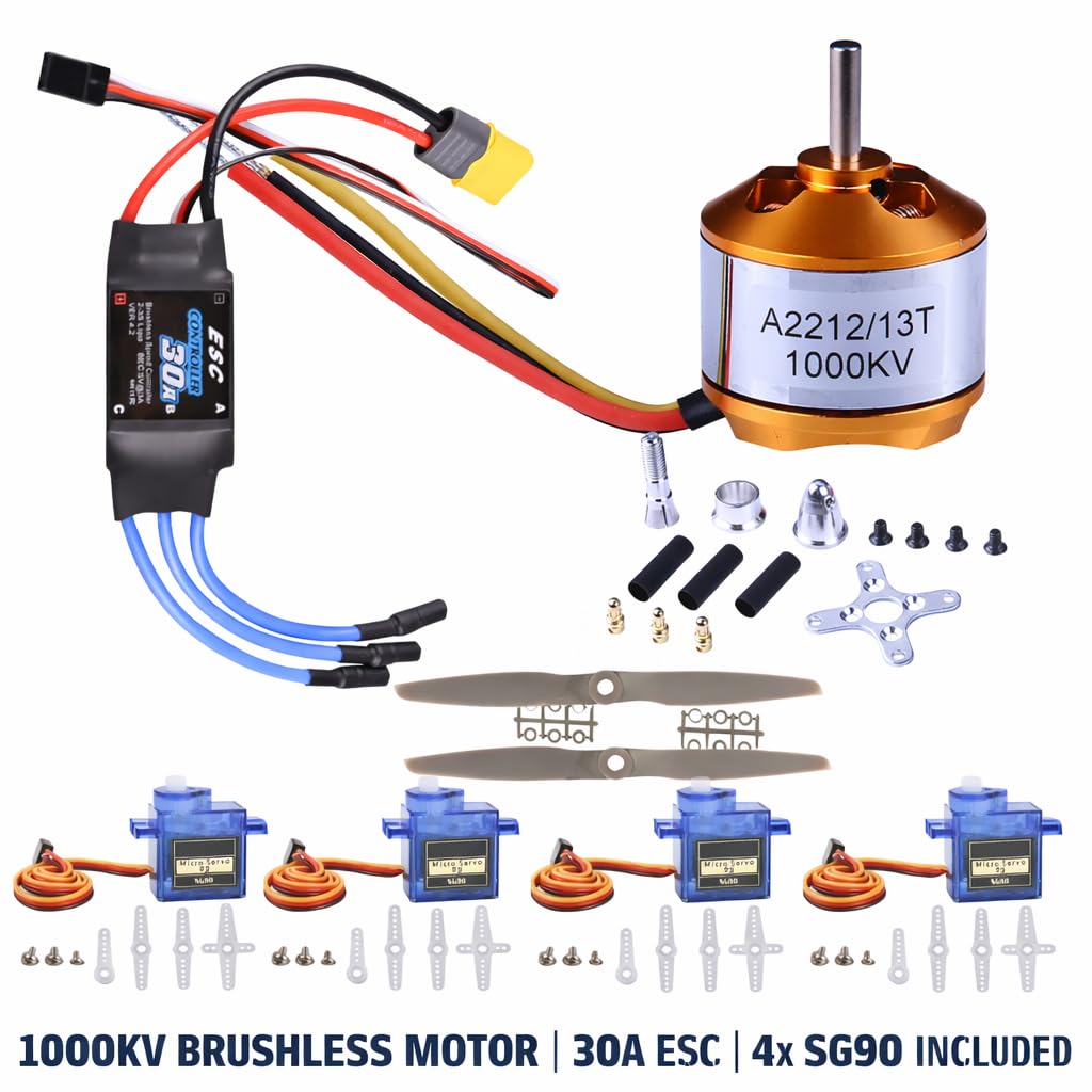 Kit per aeroplano RC fai da te A2212 KV1000 Motore Brushless con ESC 30A, 4 servo SG90, 2 eliche abbinate, spina XT60, filo Z, supporto motore, corno del timone e connettori per aereo RC ad ala fissa