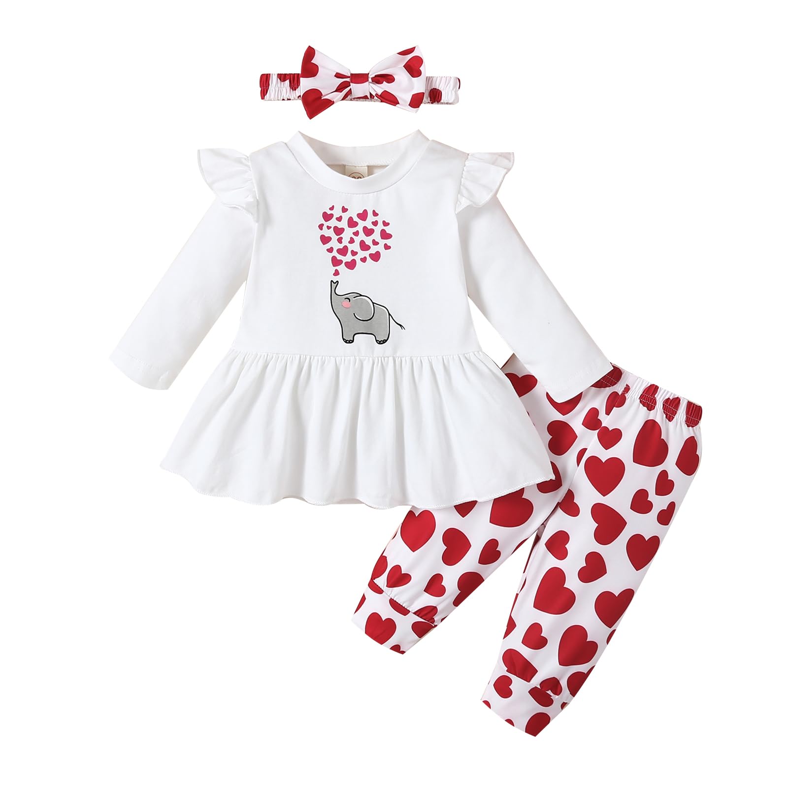 Photo 1 of My First Valentine's Day Outfits Newborn Baby Girl Outfits Long Sleeve Ribbed Romper Heart Flare Pant Headband 0-3 Months Elephant- Heart