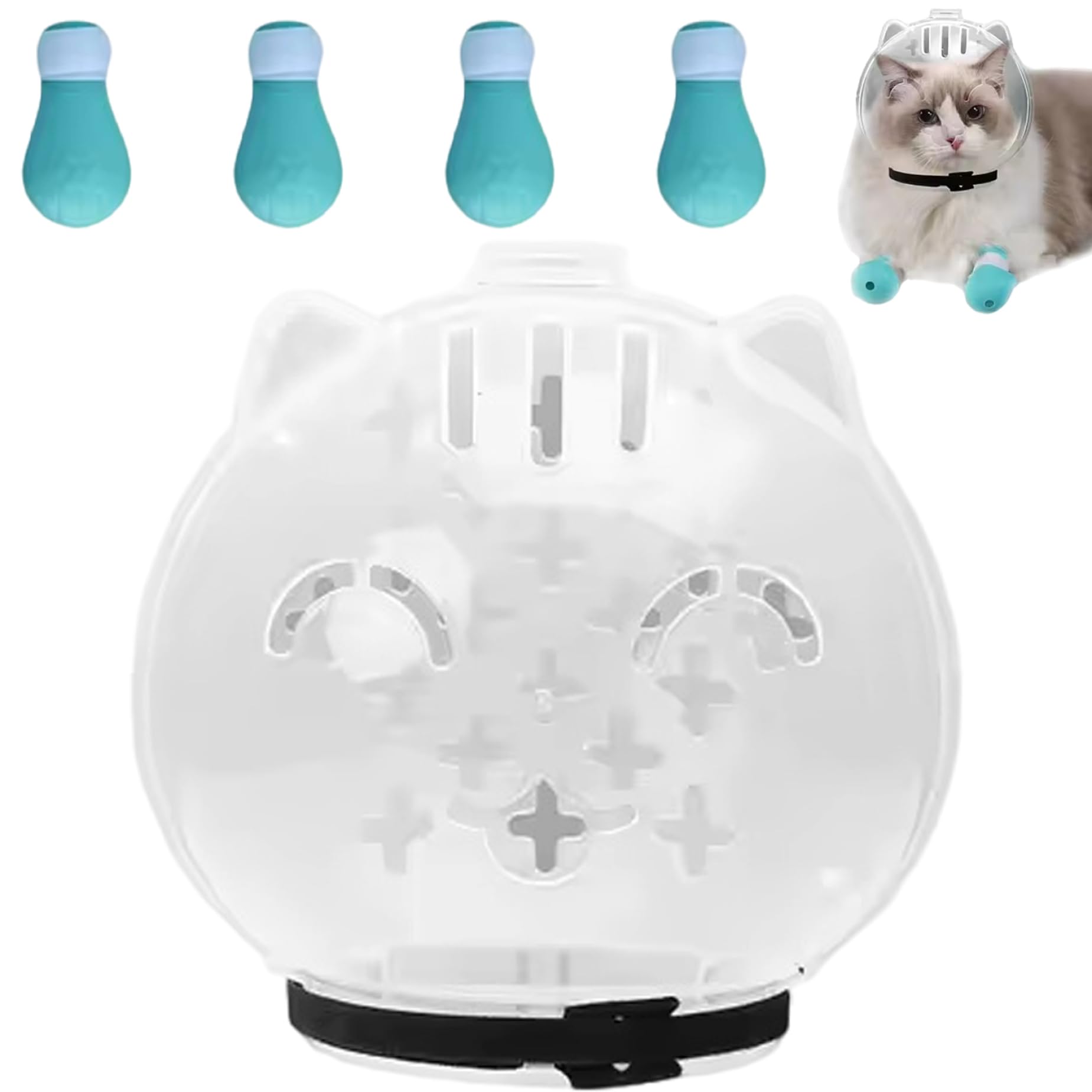 Cat Bubble Muzzle Breathable Cat Helmet for Grooming Anti Bite Transparent Head Cover with 4 Silicone Paw Shoes for Bath Nail Trimming, M